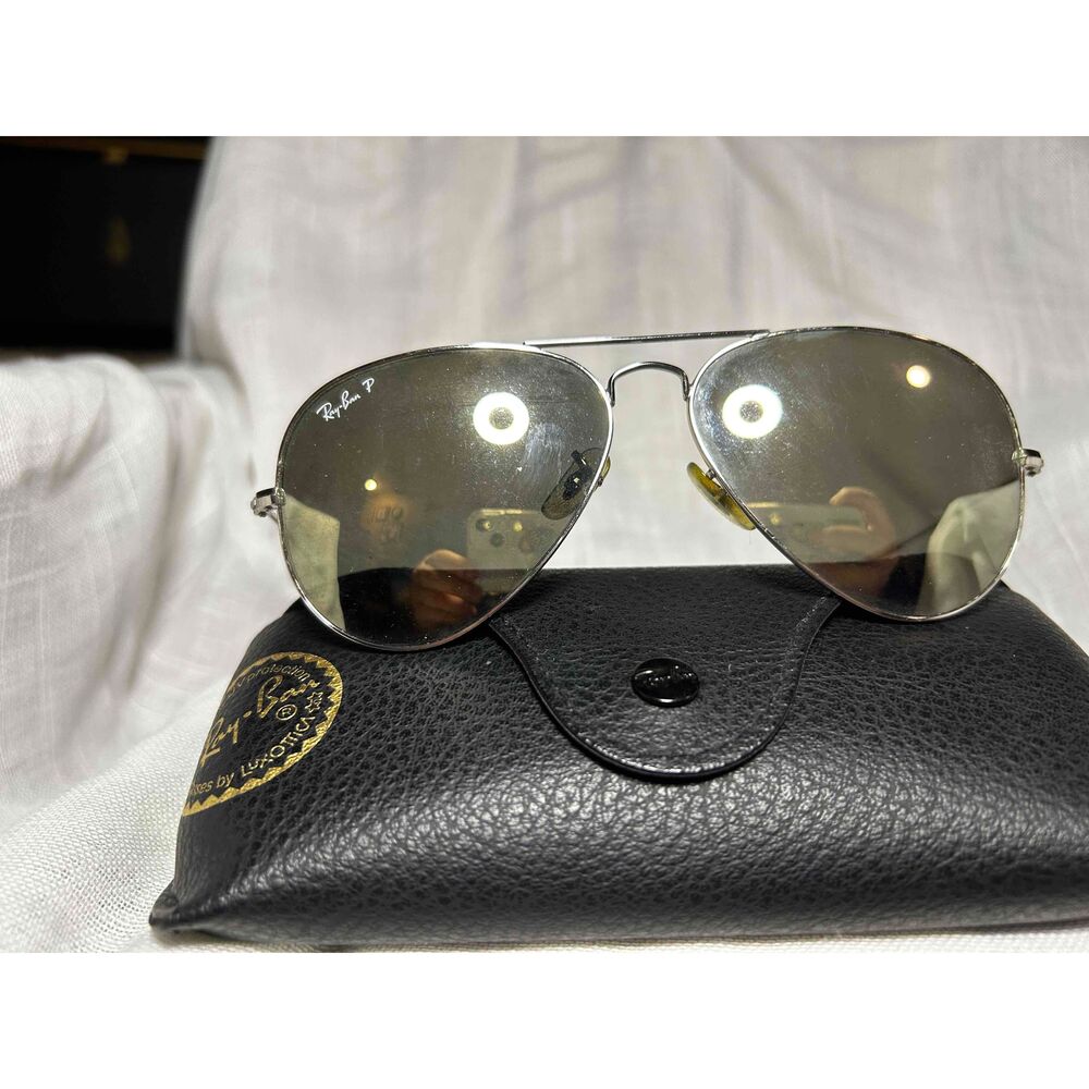 Ray Ban Polished Silver Polarized Metal Frame Aviator Sunglasses